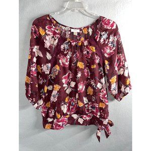 Loft Womens Floral Sheer Side‎ Tie 3/4 Sleve Blouse Top Medium